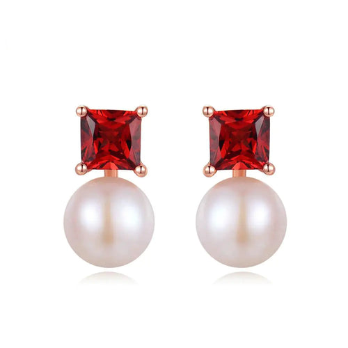 Elegant 925 Silver Earrings with Garnet and Pearls