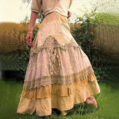 Spring Women's Long Skirt with Lace and Flare Design