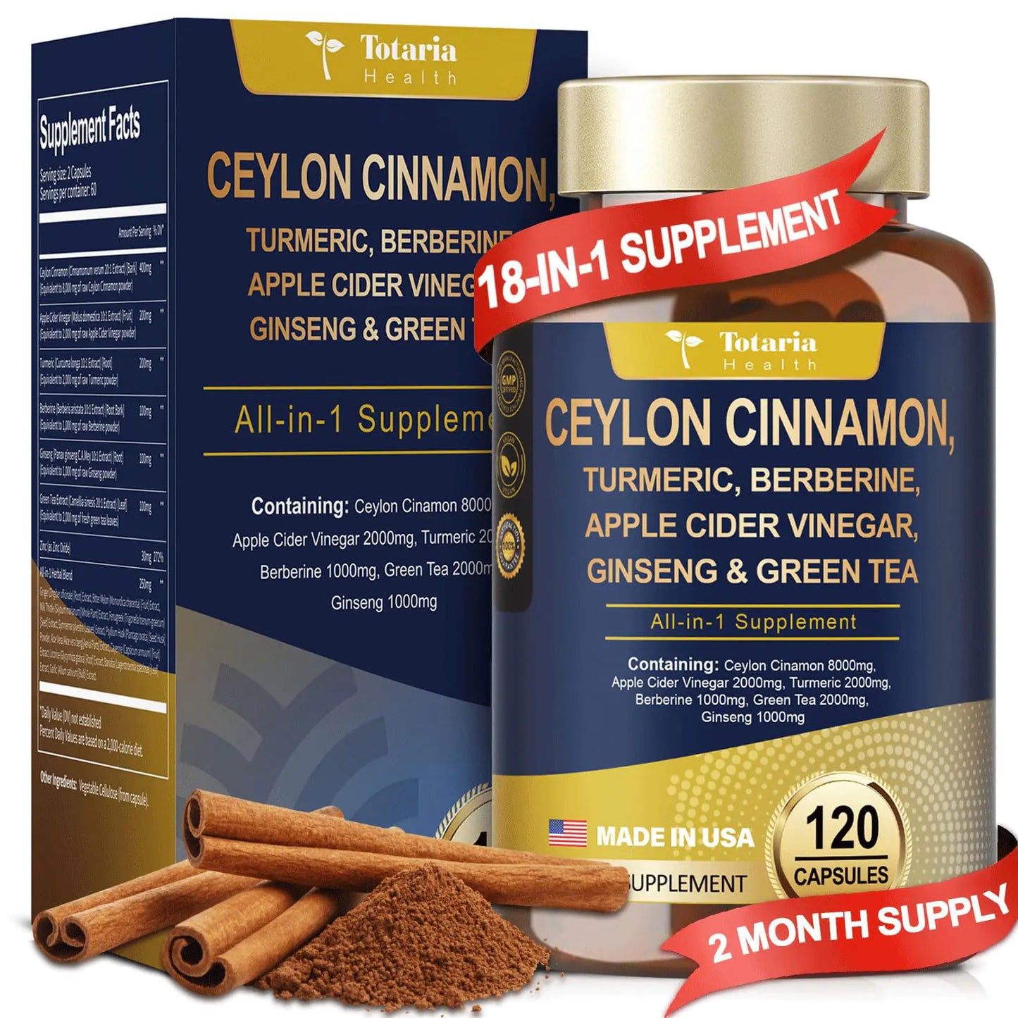 Totaria 18-in-1 Ceylon Cinnamon 8000mg Made in USA 2000mg Apple Cider Vinegar 2000mg Turmeric 1000mg Berberine 1000mg Ginseng Plus Bitter Melon for Gut Metabolism & Heart 120 Vegan Capsules