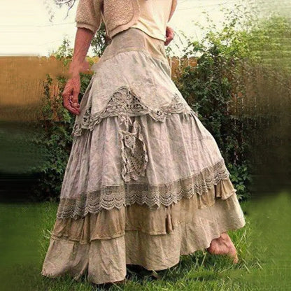 Spring Women's Long Skirt with Lace and Flare Design