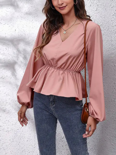 Elegant Women's Casual Shirt with Lantern Sleeves